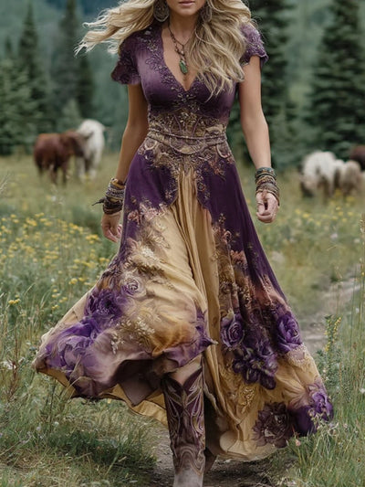 Sylwia | Elegancka, krótka sukienka maxi z kwiatowym nadrukiem